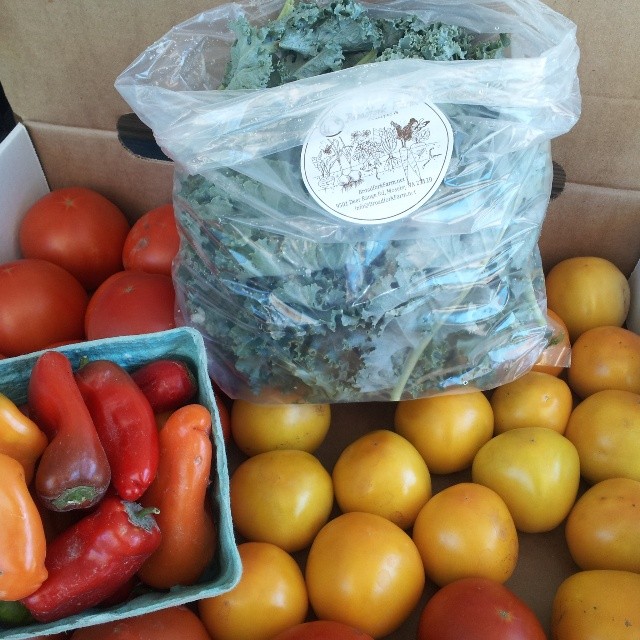 farm stand kale lunchbox peppers yellow tomatoes 2014-07-05